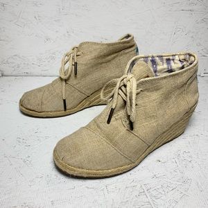 Toms Desert Woven Hemp Wedge Tan Canvas Ankle Booties Lace Up Shoe Women 7
